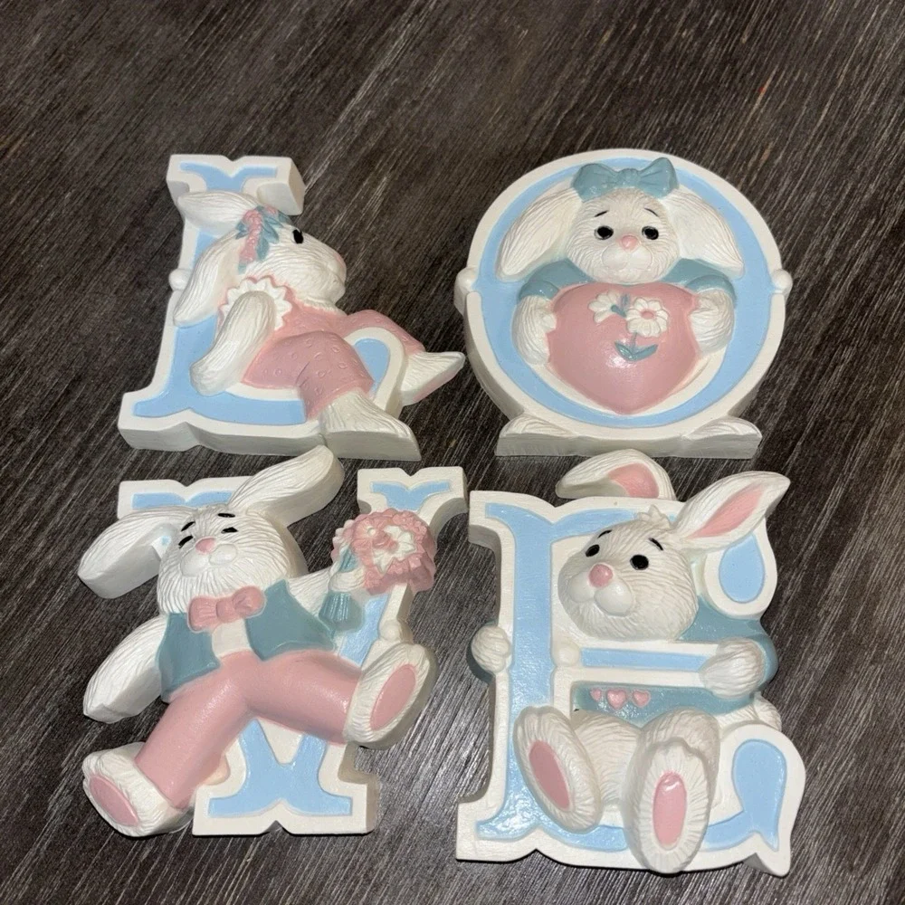 Vintage 1992 Burwood LOVE Wall Decor Nursery Kids Bunny Rabbits Easter Made USA
